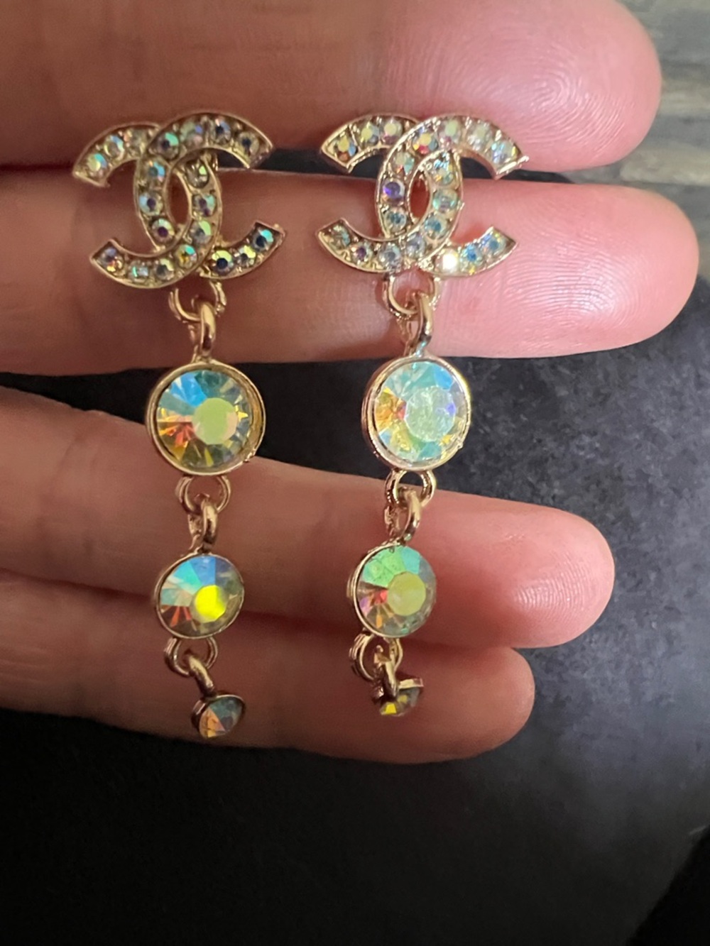 CHANEL Gold-Tone Iridescent Crystal CC Drop Earrings